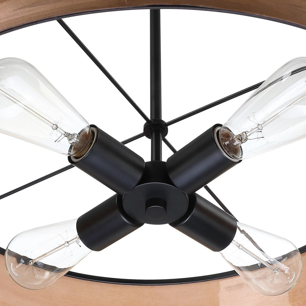 Breaux Lustre à tambour en placage de bois avec 4 lumières et auvent noir - 56 cm de largeur