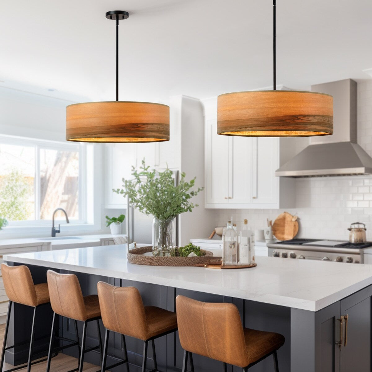 Breaux Lustre à tambour en placage de bois avec 4 lumières et auvent noir - 56 cm de largeur