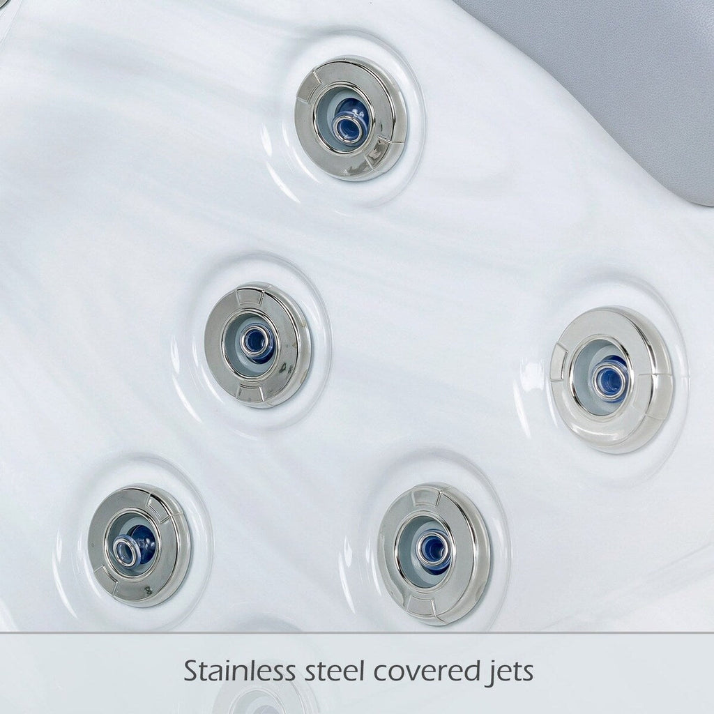 Bain à remous Buenospa Jersey 6 places, 46 jets, blanc glace, gris avec ozone et lumières LED.
