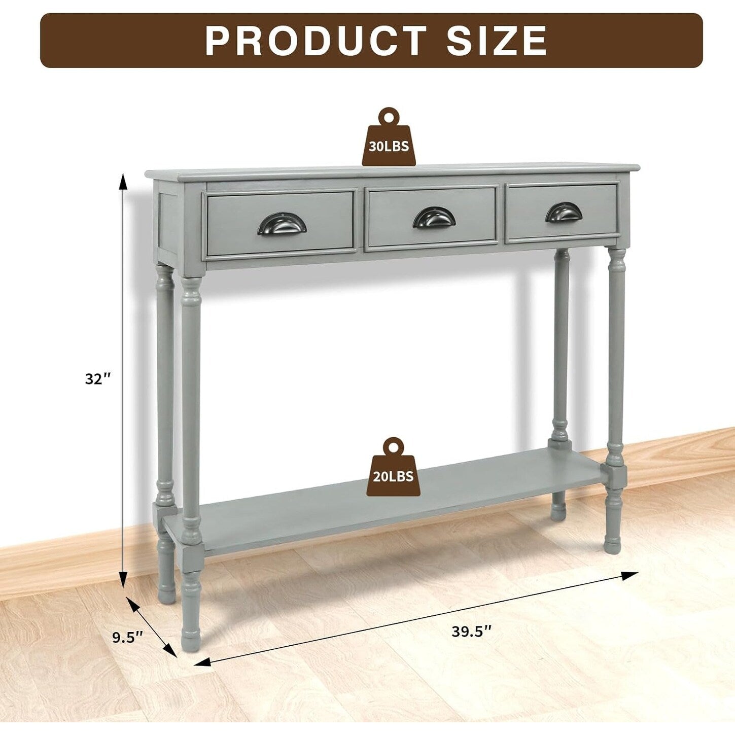 Table de console de couloir en bois Burlington à 3 tiroirs