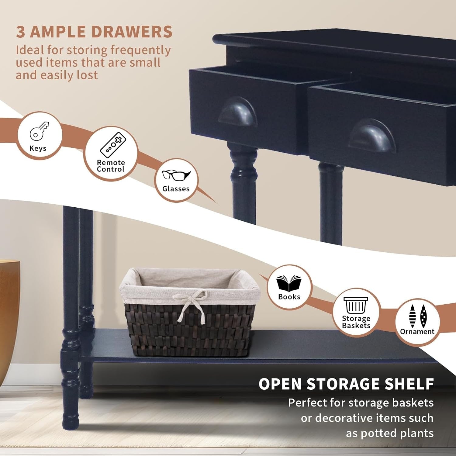 Table de console de couloir en bois Burlington à 3 tiroirs