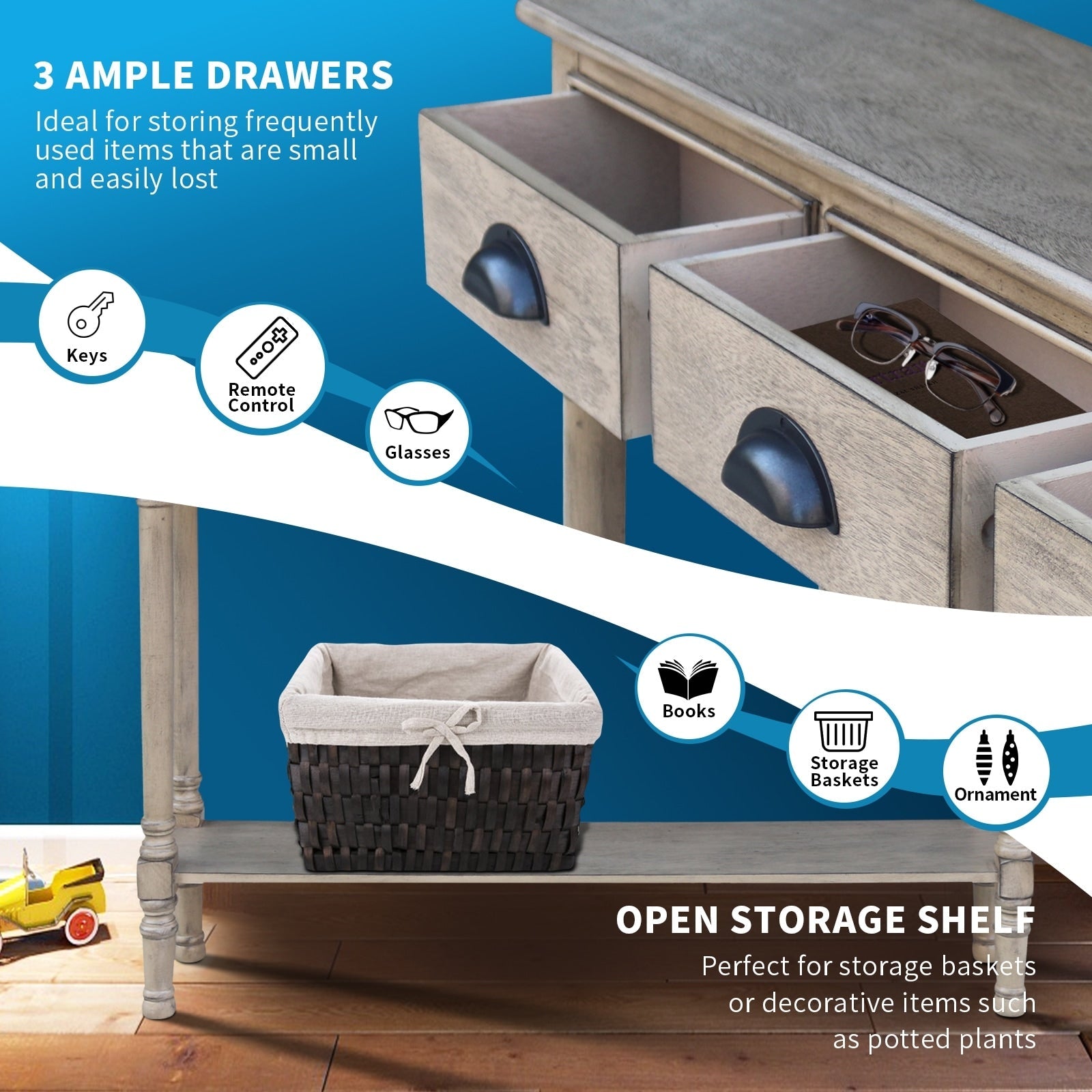 Table de console de couloir en bois Burlington à 3 tiroirs