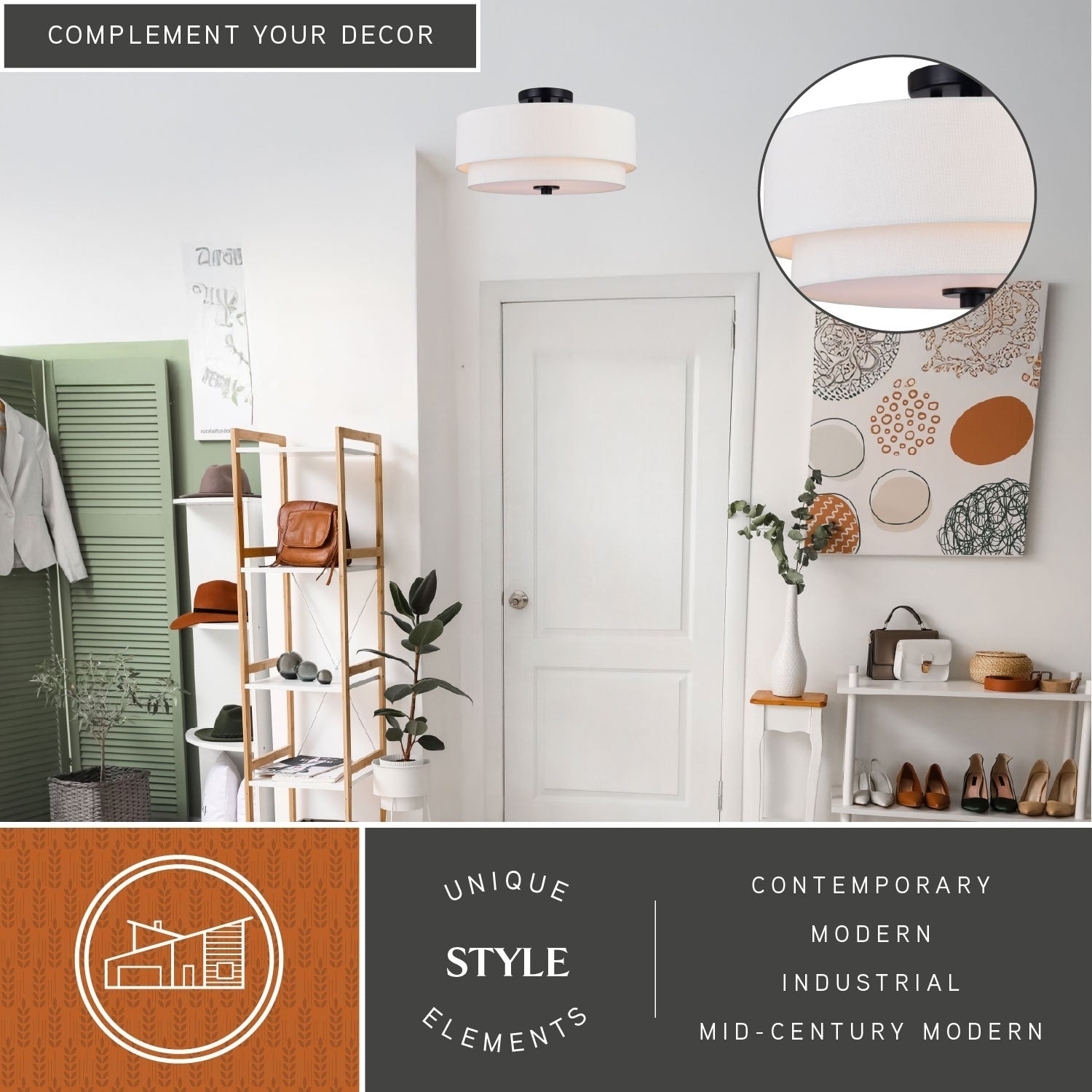 Luminaire de plafond à abat-jour blanc en lin, style moderne du milieu du siècle, modèle Burnaby.