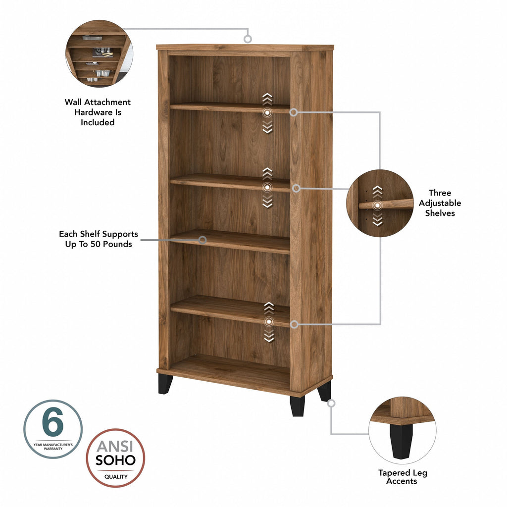 Étagère à livres haute Somerset à 5 niveaux avec étagères réglables de Bush Furniture