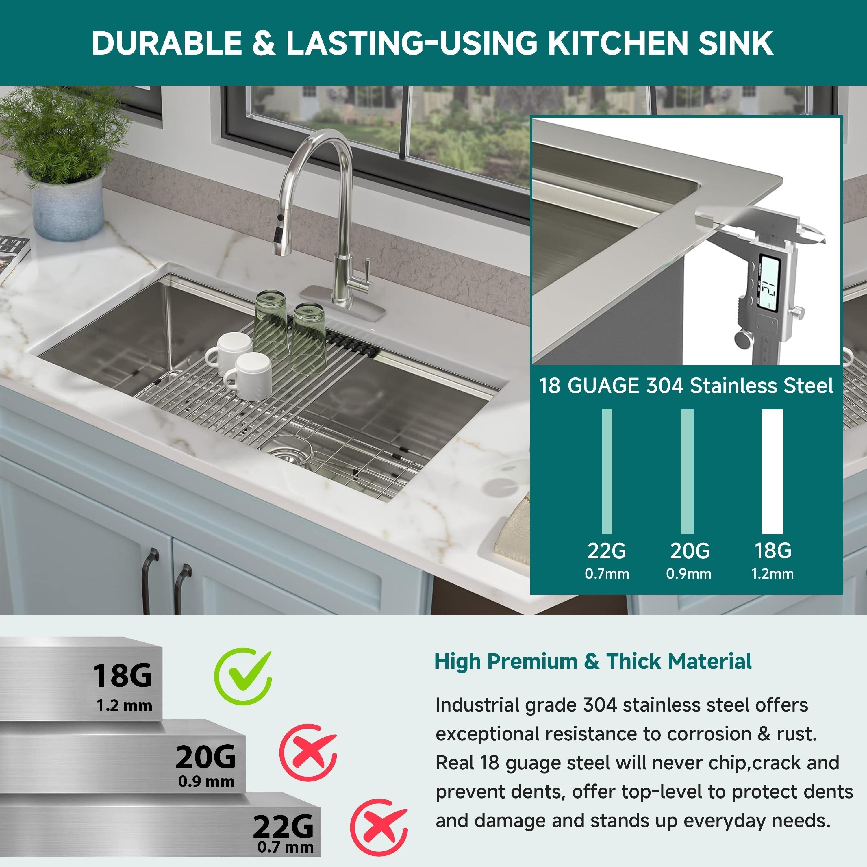 Évier de cuisine encastré CB HOME 32'' en acier inoxydable doré, évier de cuisine à encastrer noir/acier inoxydable, évier de cuisine simple avec accessoires