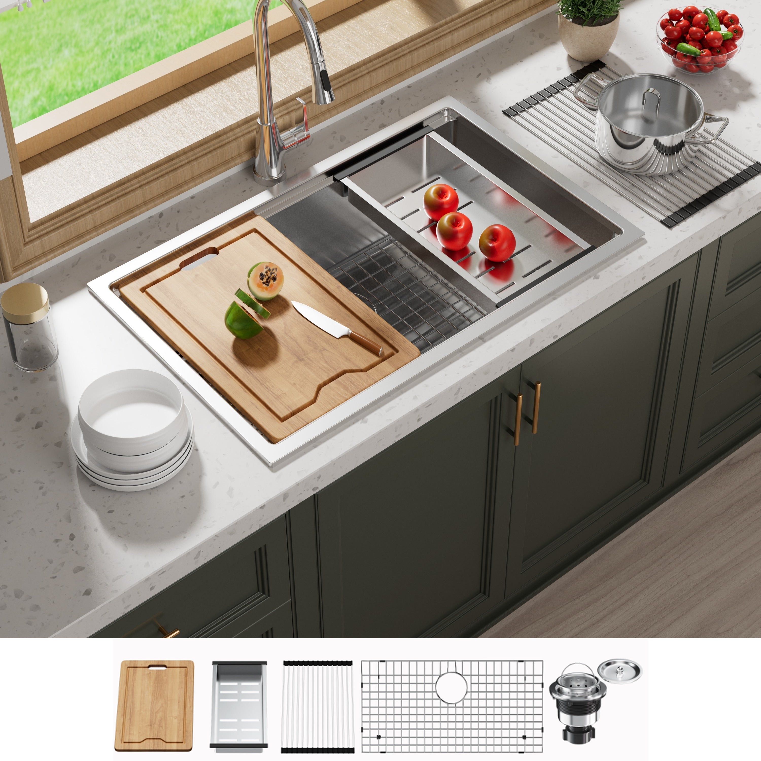 Évier de cuisine encastré CB HOME 32'' en acier inoxydable doré, évier de cuisine à encastrer noir/acier inoxydable, évier de cuisine simple avec accessoires