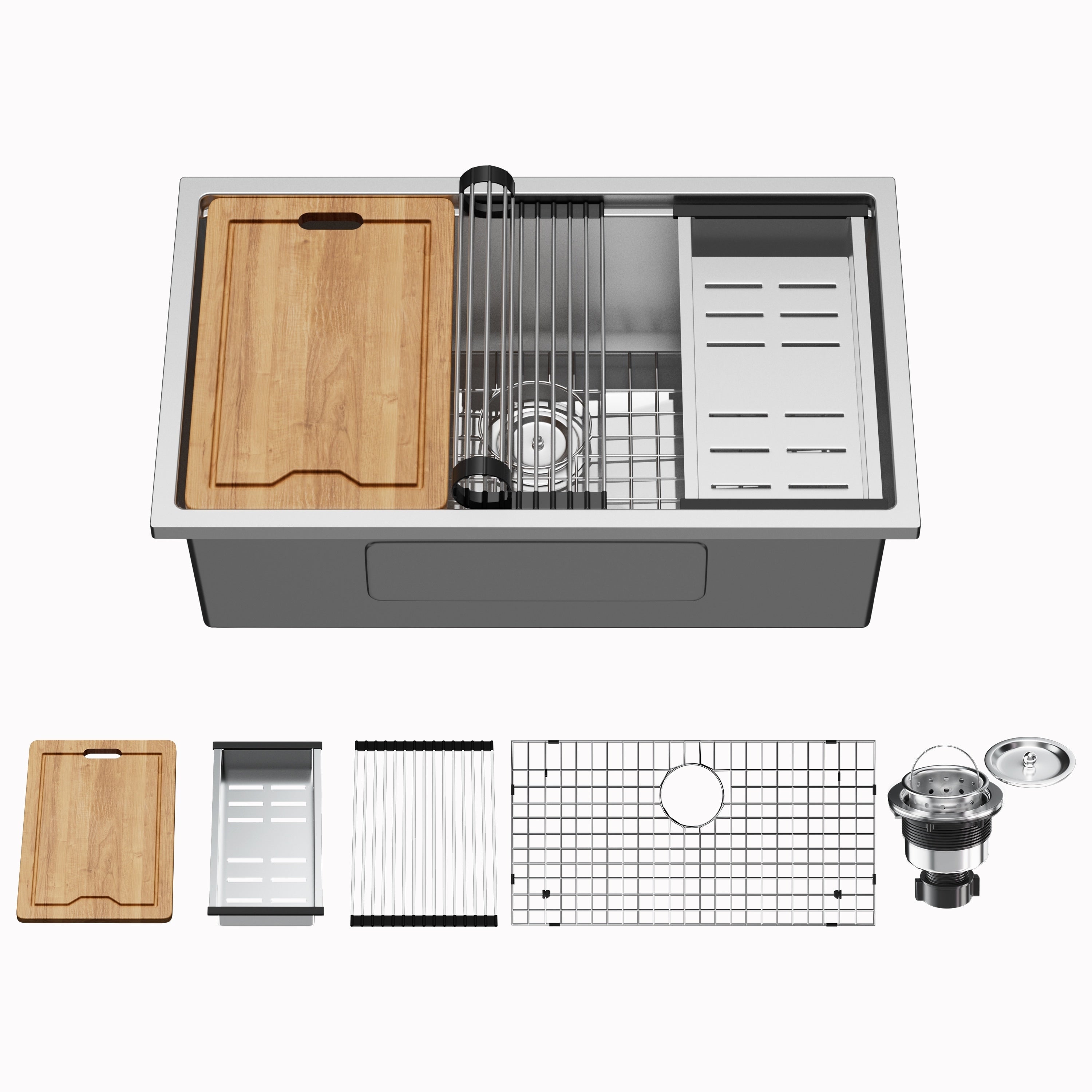 Évier de cuisine encastré CB HOME 32'' en acier inoxydable doré, évier de cuisine à encastrer noir/acier inoxydable, évier de cuisine simple avec accessoires