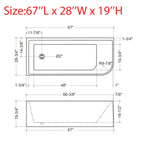 Baignoires autoportantes en acrylique CB HOME 59''/67'', baignoires à trempage à côté unique contre le mur, trop-plein gauche/droite
