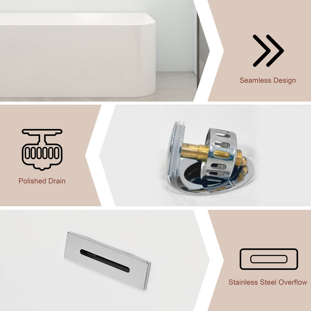 Baignoires autoportantes en acrylique CB HOME 59''/67'', baignoires à trempage à côté unique contre le mur, trop-plein gauche/droite