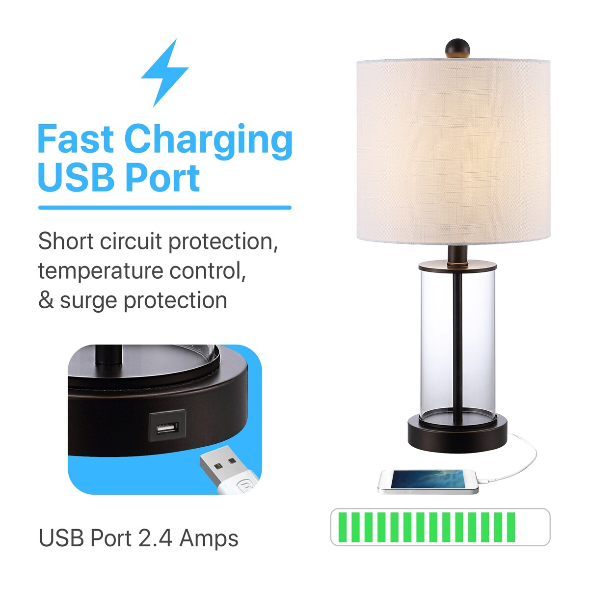 Lampe de table LED à chargement USB Cabell 21 en verre, style moderne et contemporain, bronze vieilli (lot de 2) par JONATHAN Y