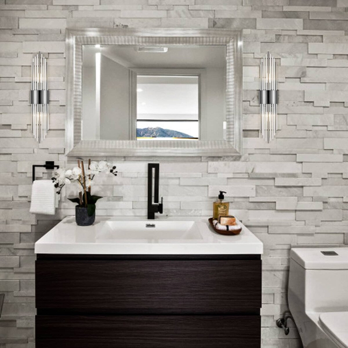 Applique murale moderne en métal Cabrera avec de belles tiges en verre cristal transparent pour salle de bain, lot de 2