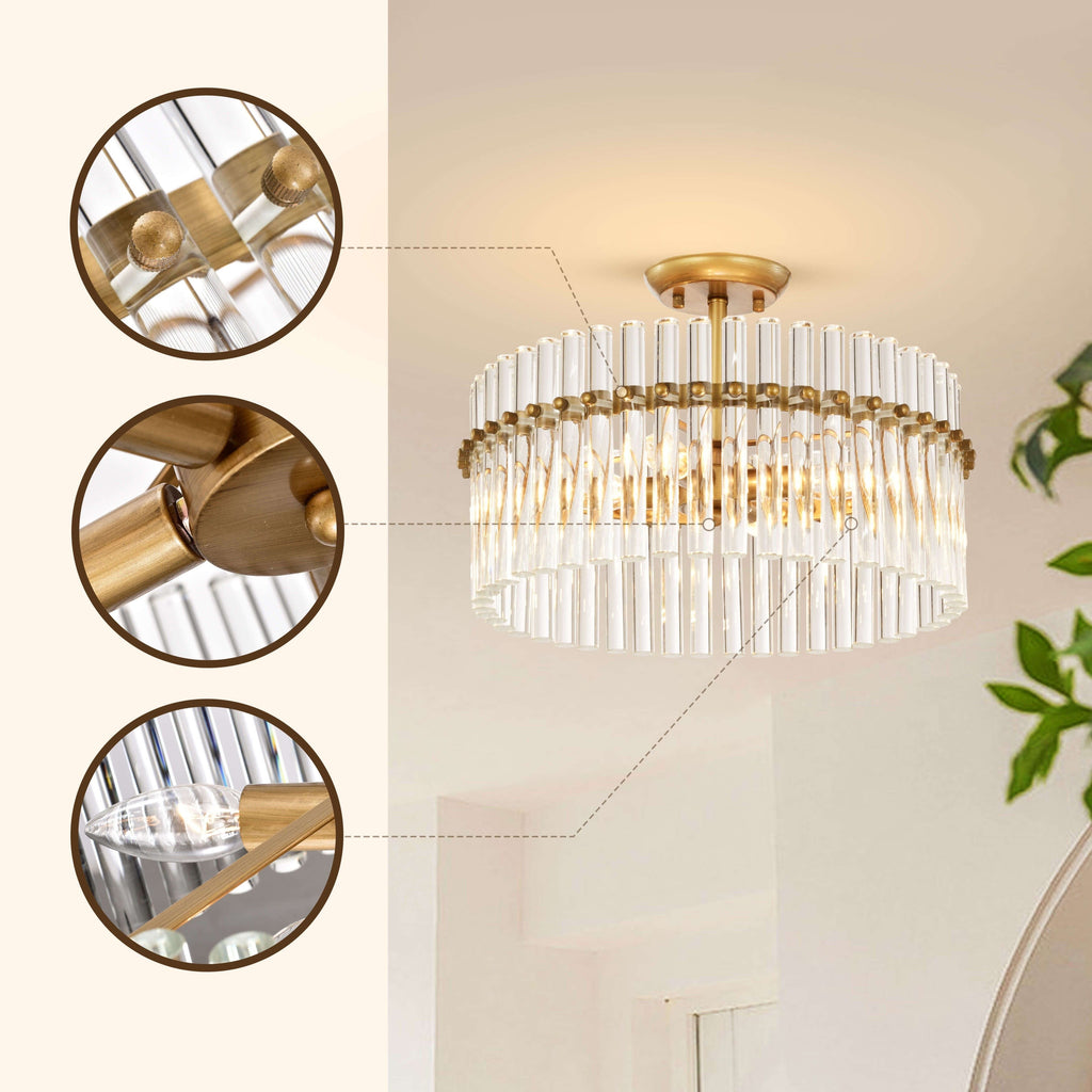 Casandra, plafonnier à 4 lumières en laiton brossé avec cristaux