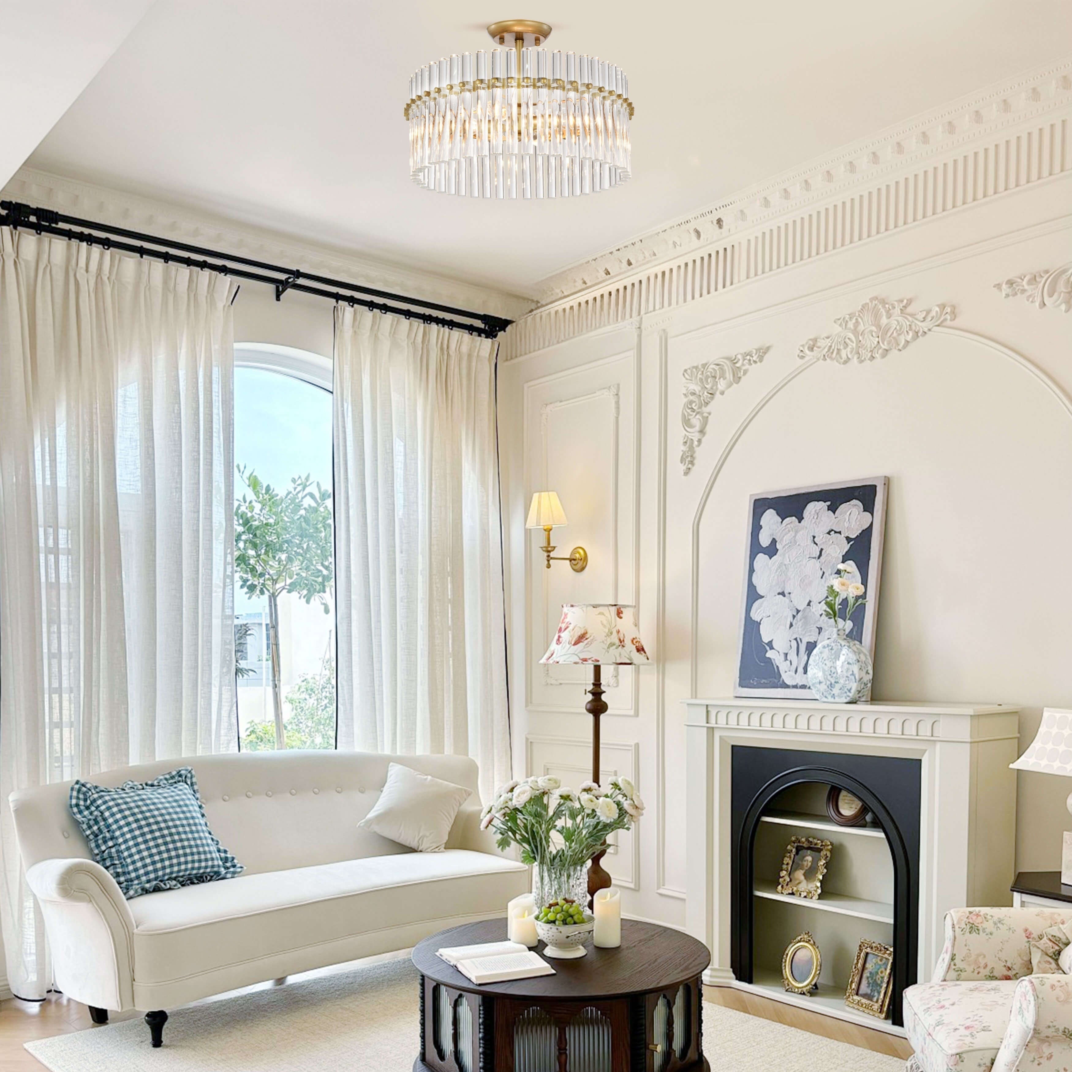 Casandra, plafonnier à 4 lumières en laiton brossé avec cristaux