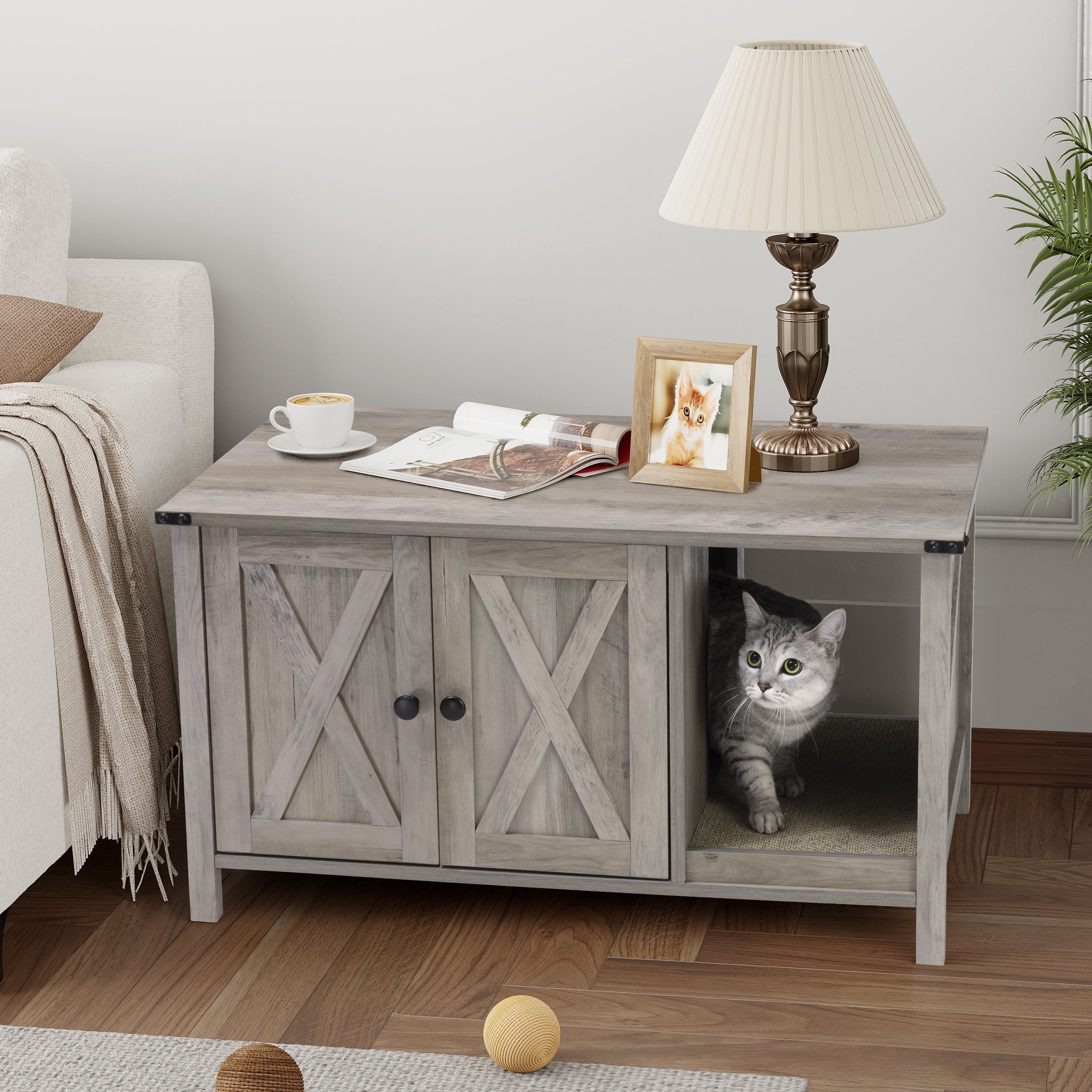 Abri pour litière de chat, meuble de salle de bain pour chat en bois dissimulé avec poteau à gratter.