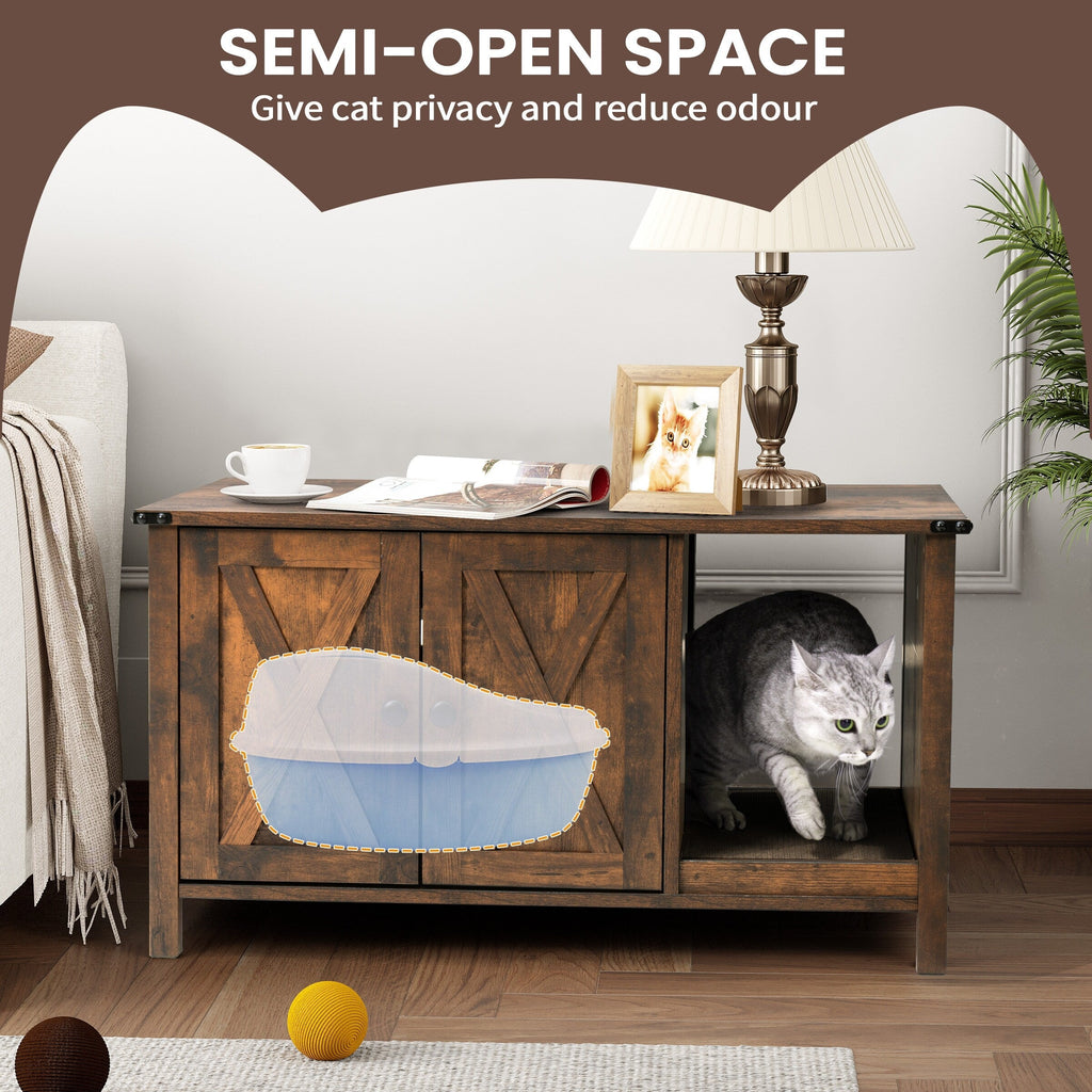 Abri pour litière de chat, meuble de salle de bain pour chat en bois dissimulé avec poteau à gratter.