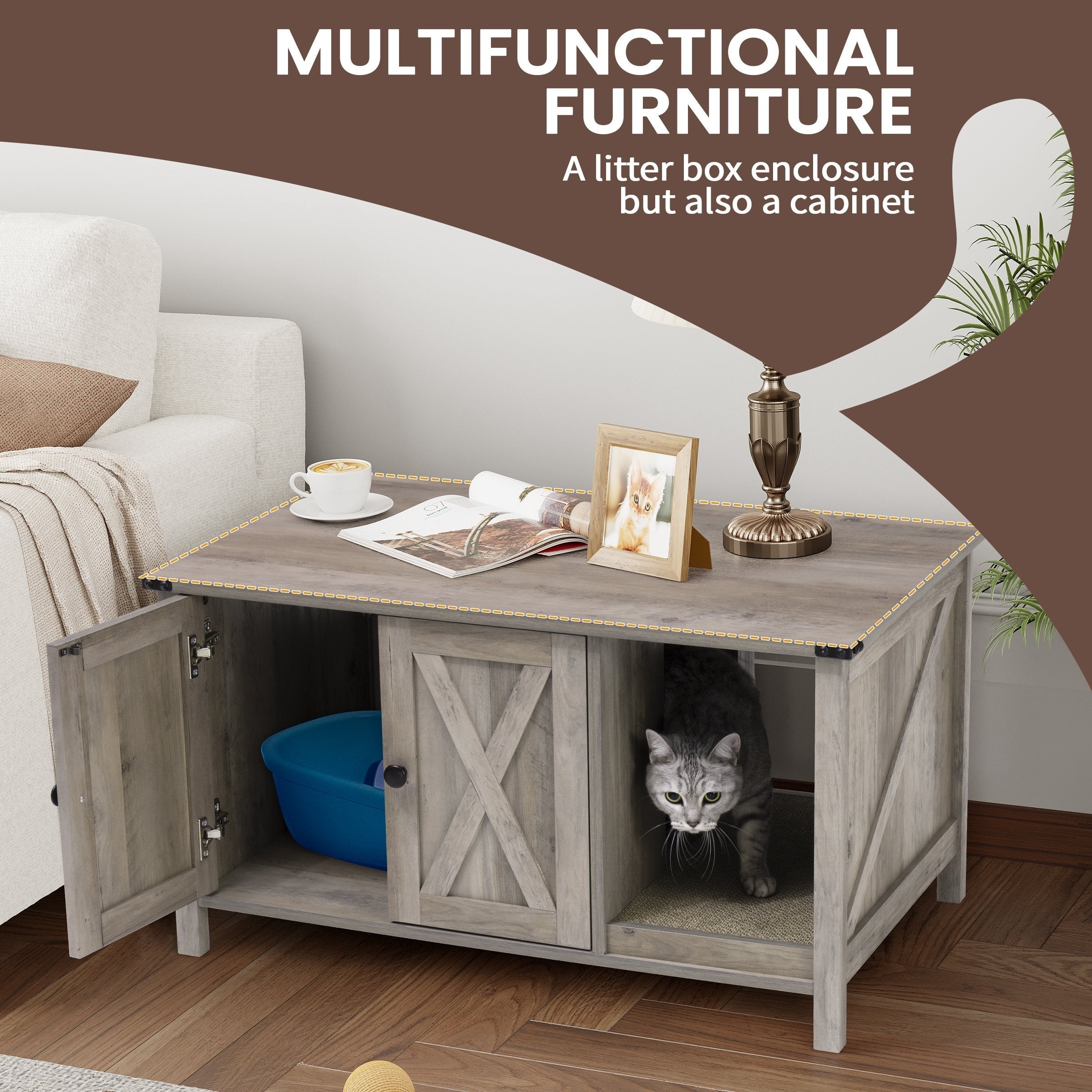 Abri pour litière de chat, meuble de salle de bain pour chat en bois dissimulé avec poteau à gratter.