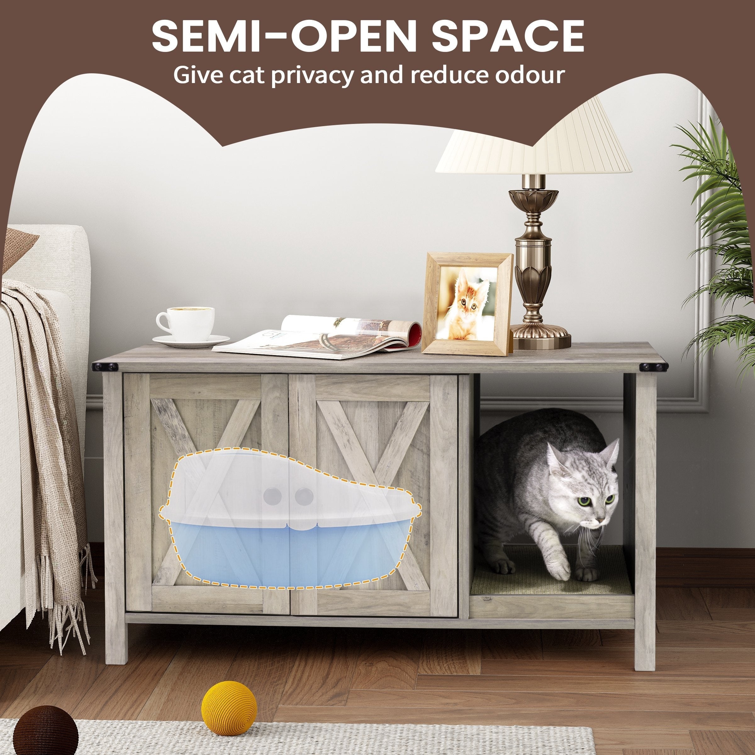 Abri pour litière de chat, meuble de salle de bain pour chat en bois dissimulé avec poteau à gratter.