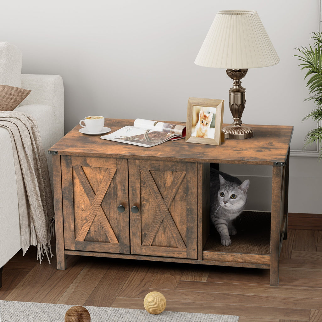 Abri pour litière de chat, meuble de salle de bain pour chat en bois dissimulé avec poteau à gratter.