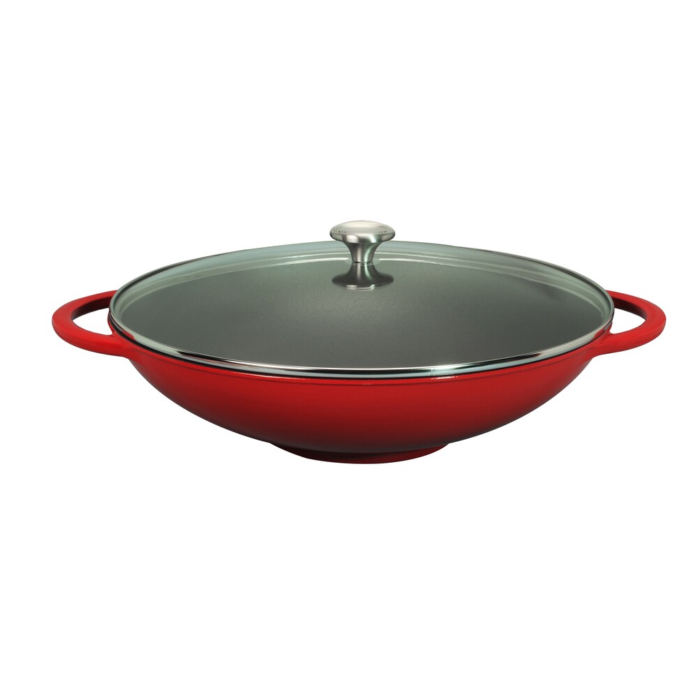 Wok en fonte d'aluminium émaillée rouge Chasseur de 40 cm (16 pouces) avec couvercle en verre