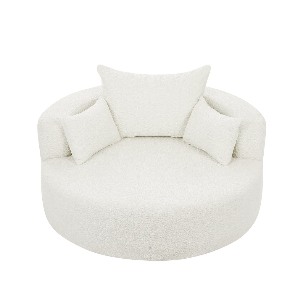 Fauteuil lounge rond en chenille, avec accoudoirs et base pivotante à 360° et 3 coussins amovibles