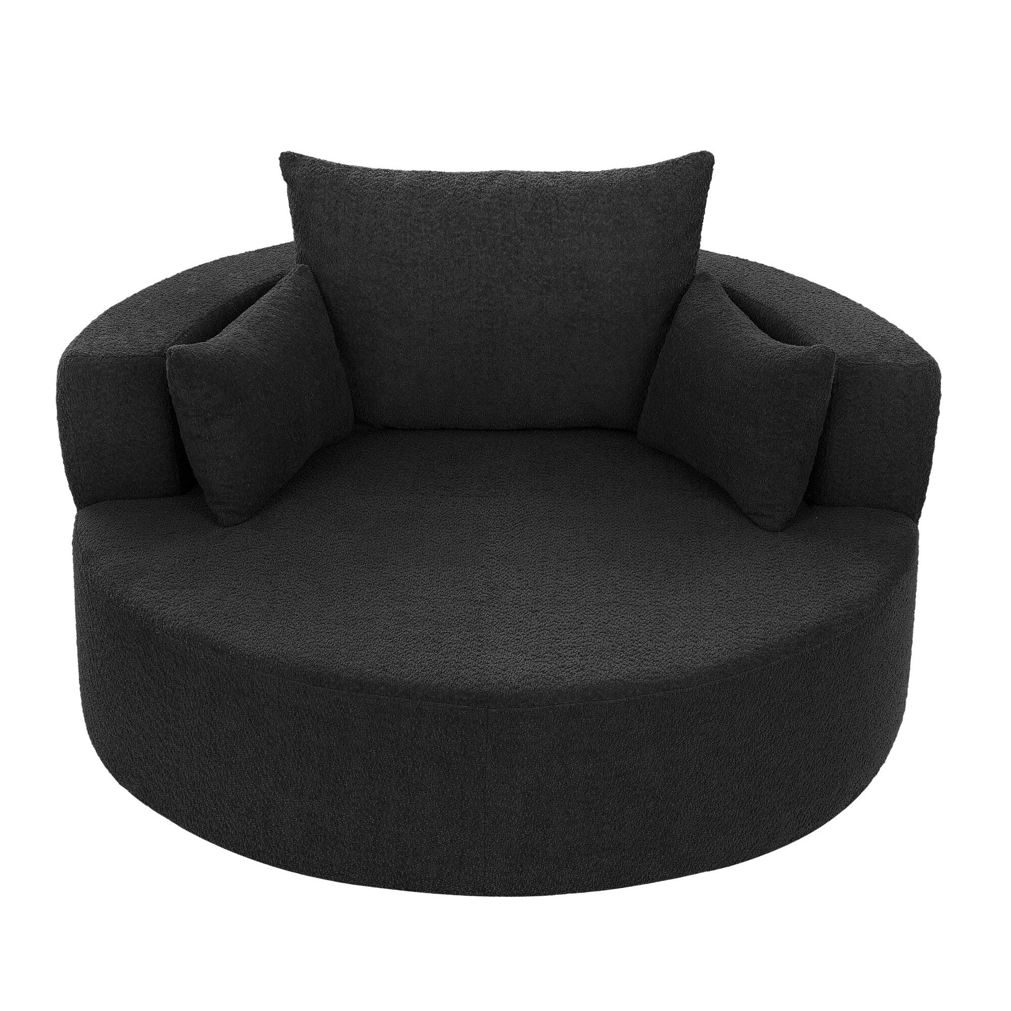 Fauteuil lounge rond en chenille, avec accoudoirs et base pivotante à 360° et 3 coussins amovibles