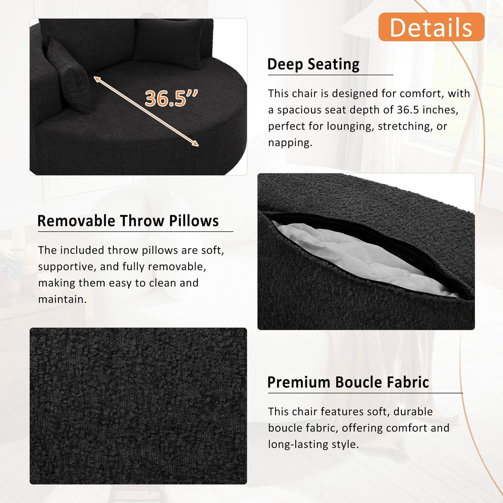 Fauteuil lounge rond en chenille, avec accoudoirs et base pivotante à 360° et 3 coussins amovibles