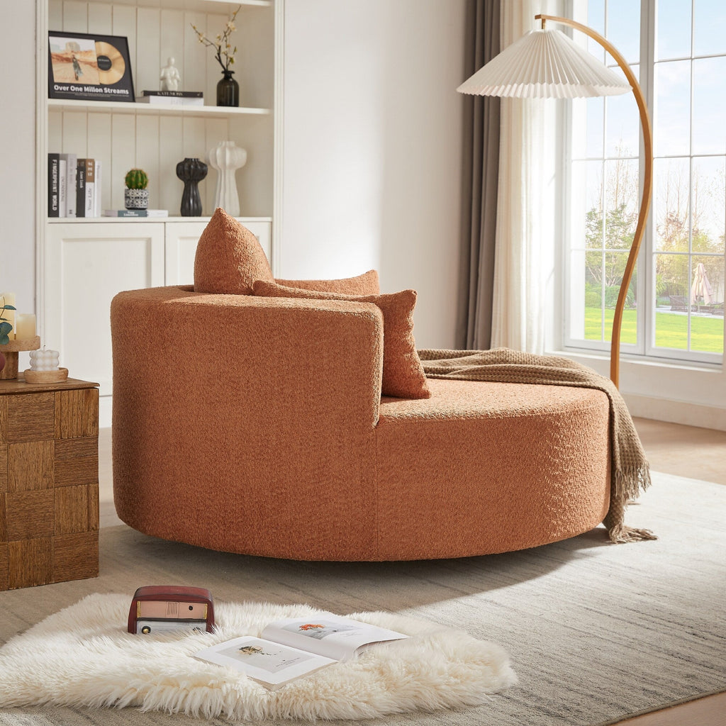 Fauteuil lounge rond en chenille, avec accoudoirs et base pivotante à 360° et 3 coussins amovibles