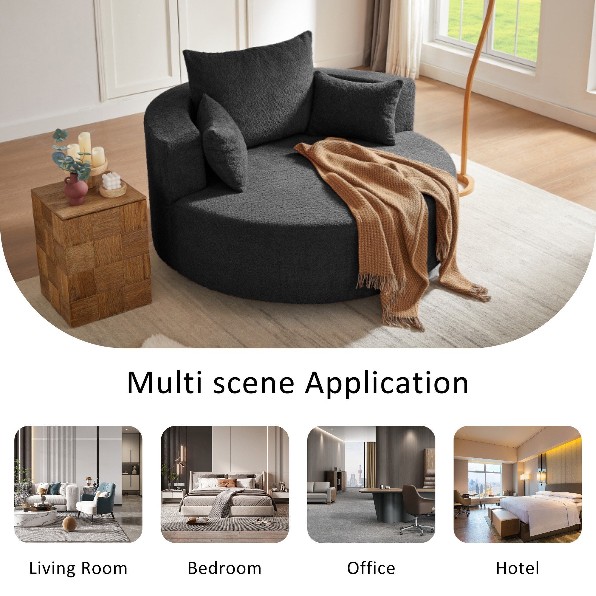 Fauteuil lounge rond en chenille, avec accoudoirs et base pivotante à 360° et 3 coussins amovibles