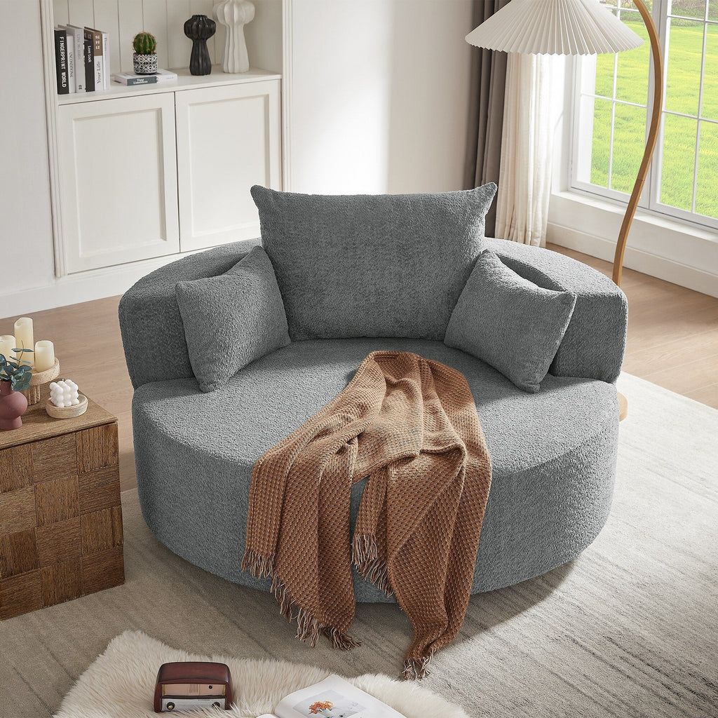 Fauteuil lounge rond en chenille, avec accoudoirs et base pivotante à 360° et 3 coussins amovibles