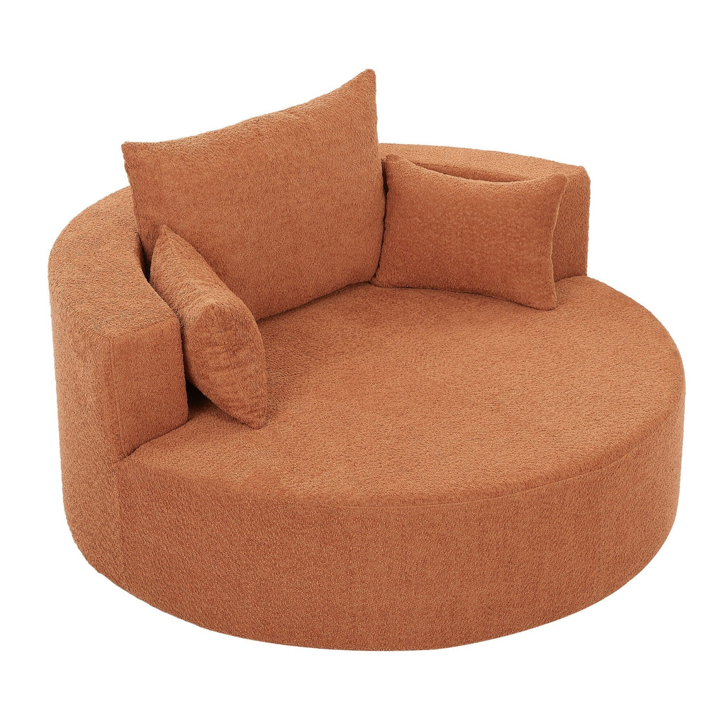 Fauteuil lounge rond en chenille, avec accoudoirs et base pivotante à 360° et 3 coussins amovibles