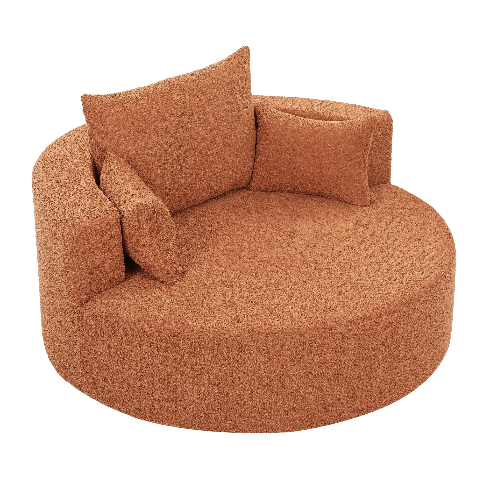 Fauteuil lounge rond en chenille, avec accoudoirs et base pivotante à 360° et 3 coussins amovibles