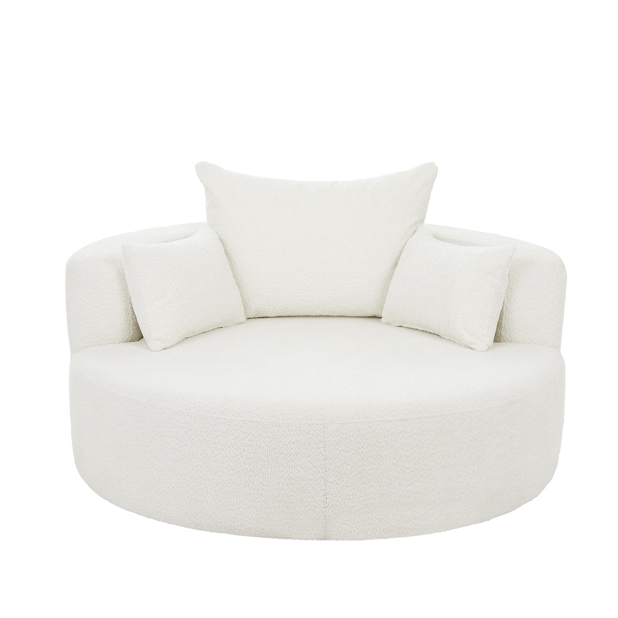 Fauteuil lounge rond en chenille, avec accoudoirs et base pivotante à 360° et 3 coussins amovibles