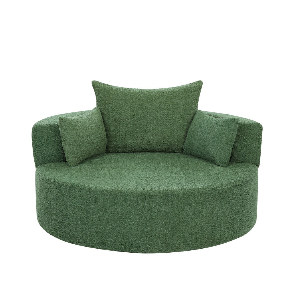 Fauteuil lounge rond en chenille, avec accoudoirs et base pivotante à 360° et 3 coussins amovibles