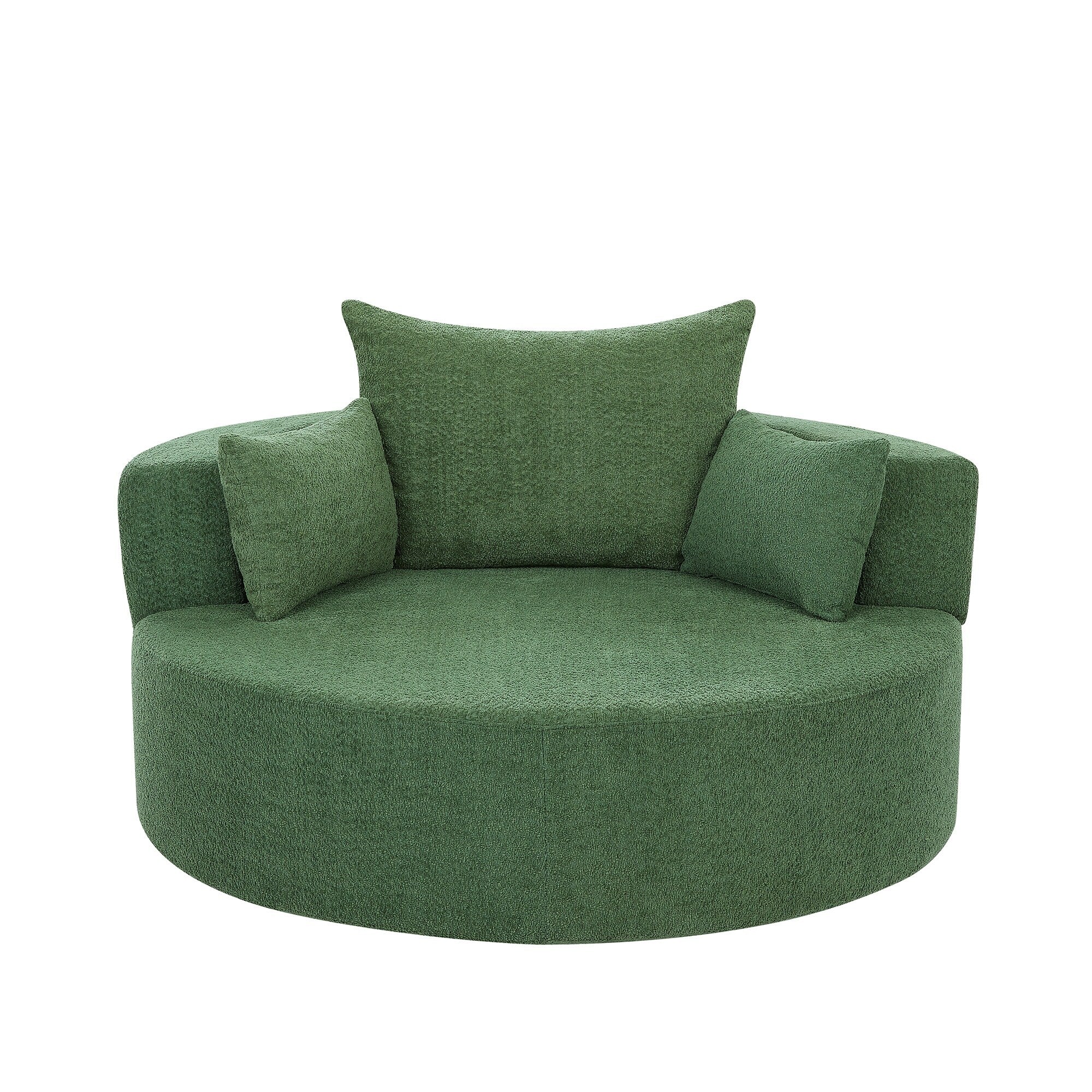 Fauteuil lounge rond en chenille, avec accoudoirs et base pivotante à 360° et 3 coussins amovibles