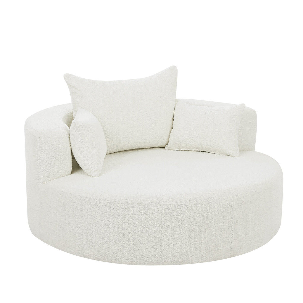 Fauteuil lounge rond en chenille, avec accoudoirs et base pivotante à 360° et 3 coussins amovibles