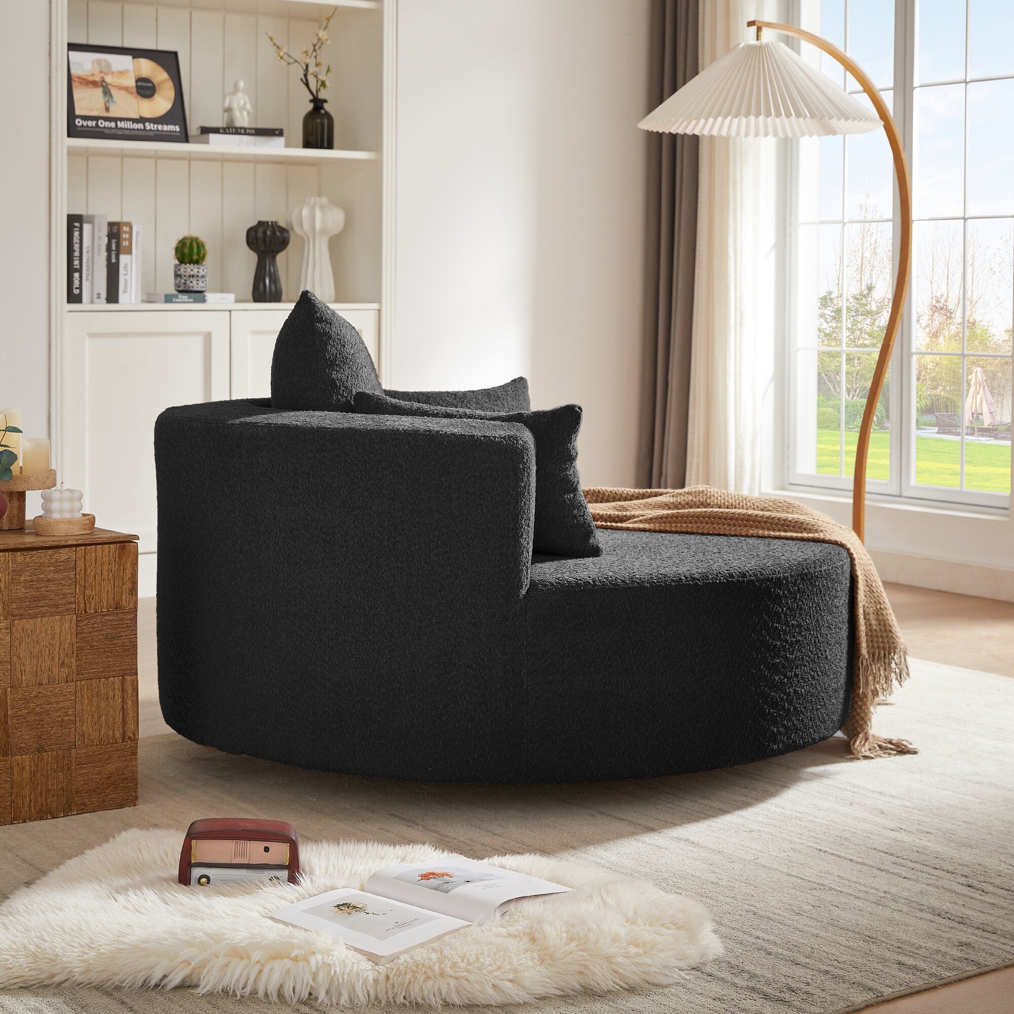Fauteuil lounge rond en chenille, avec accoudoirs et base pivotante à 360° et 3 coussins amovibles