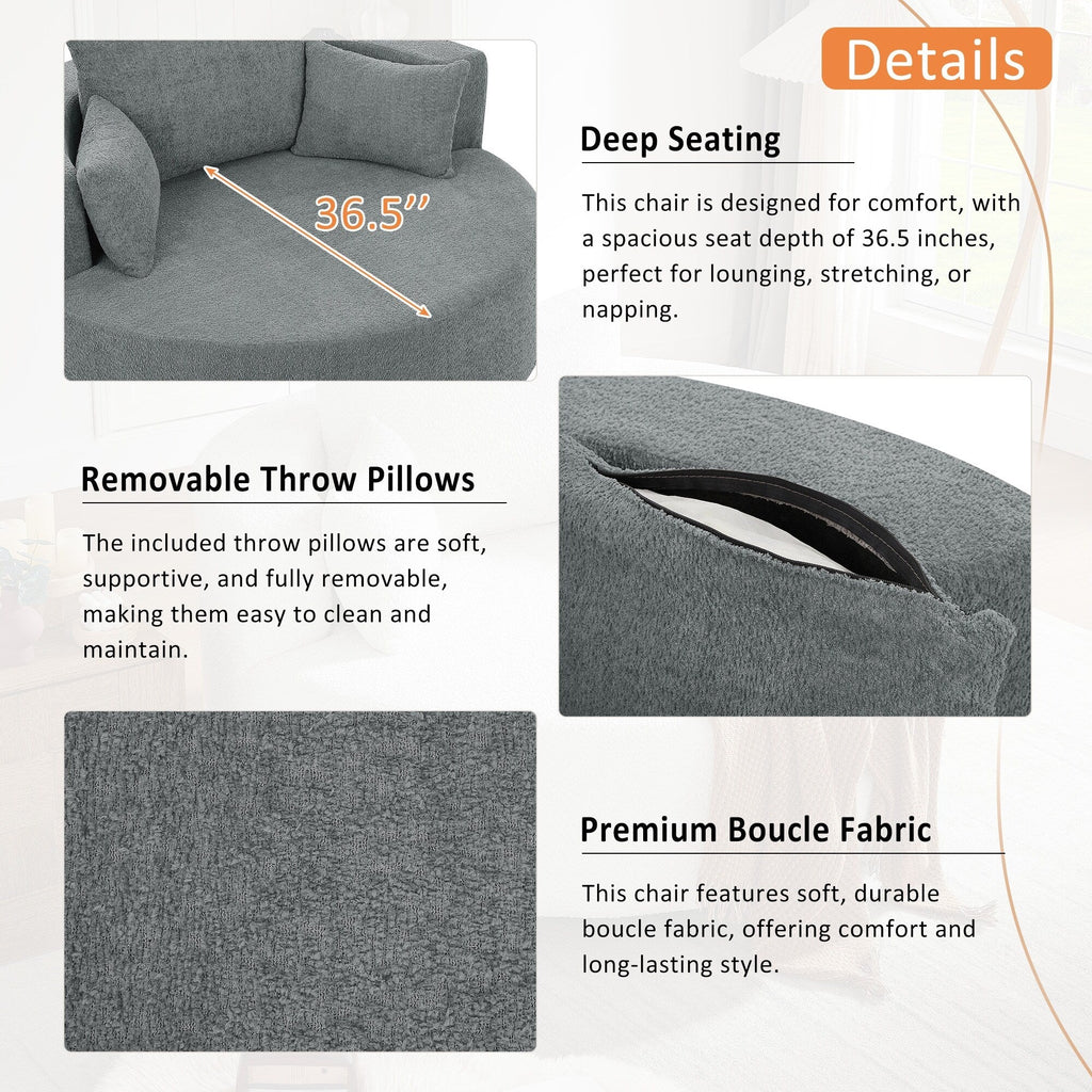 Fauteuil lounge rond en chenille, avec accoudoirs et base pivotante à 360° et 3 coussins amovibles