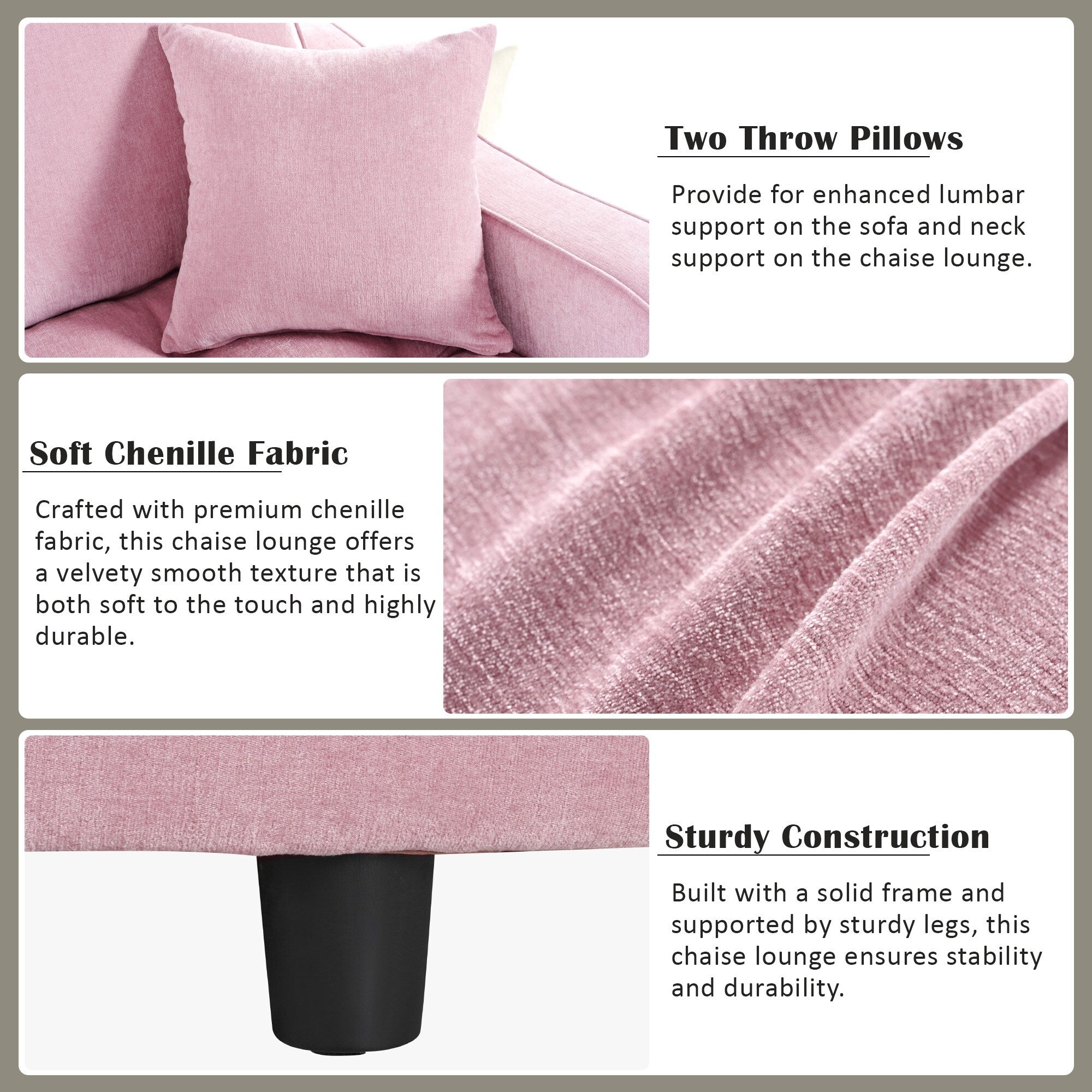 Canapé-lit méridienne en chenille, canapé rembourré avec dossier capitonné et 2 coussins amovibles pour salon