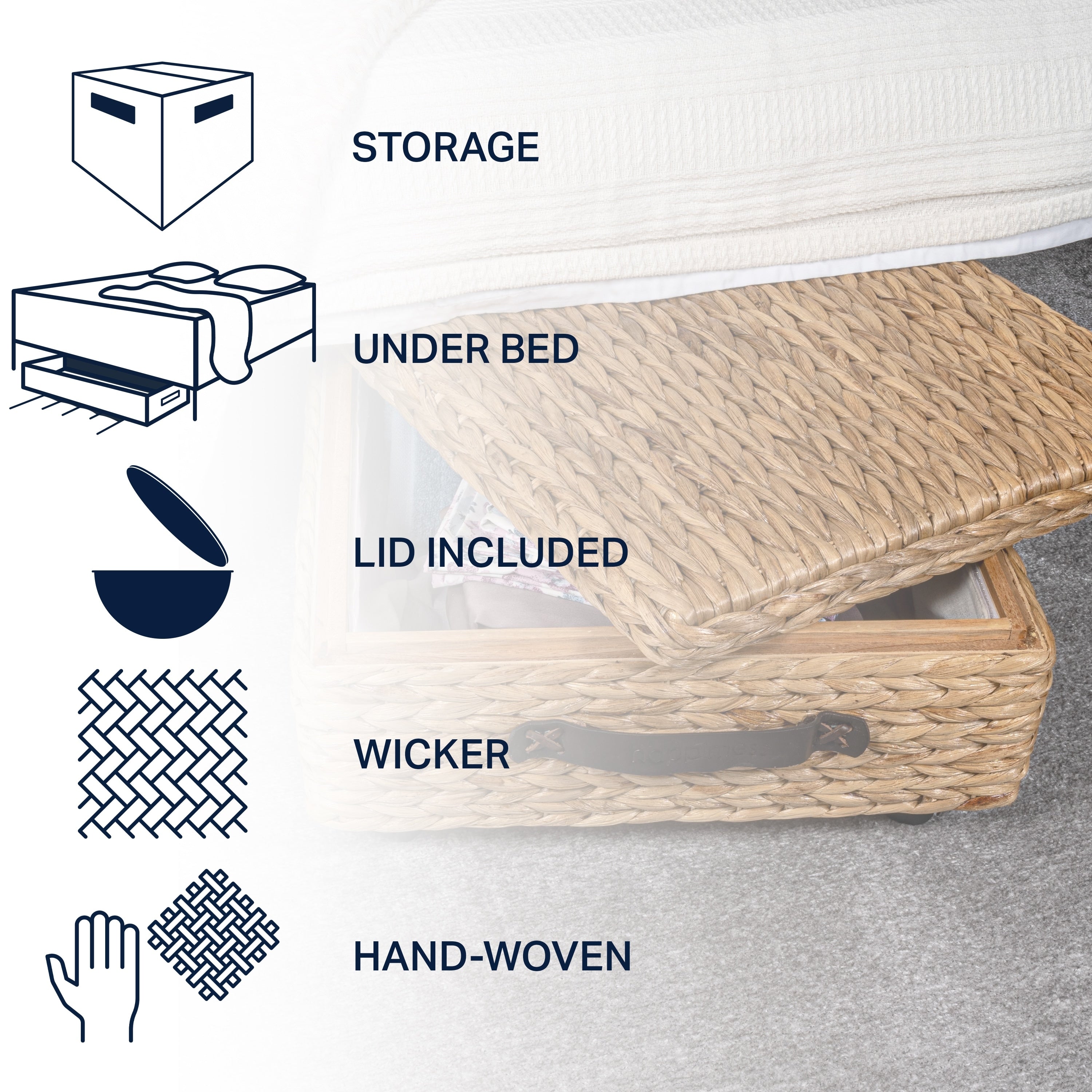 happimess Coffre de rangement sous lit en jonc et bois avec roulettes et poignées