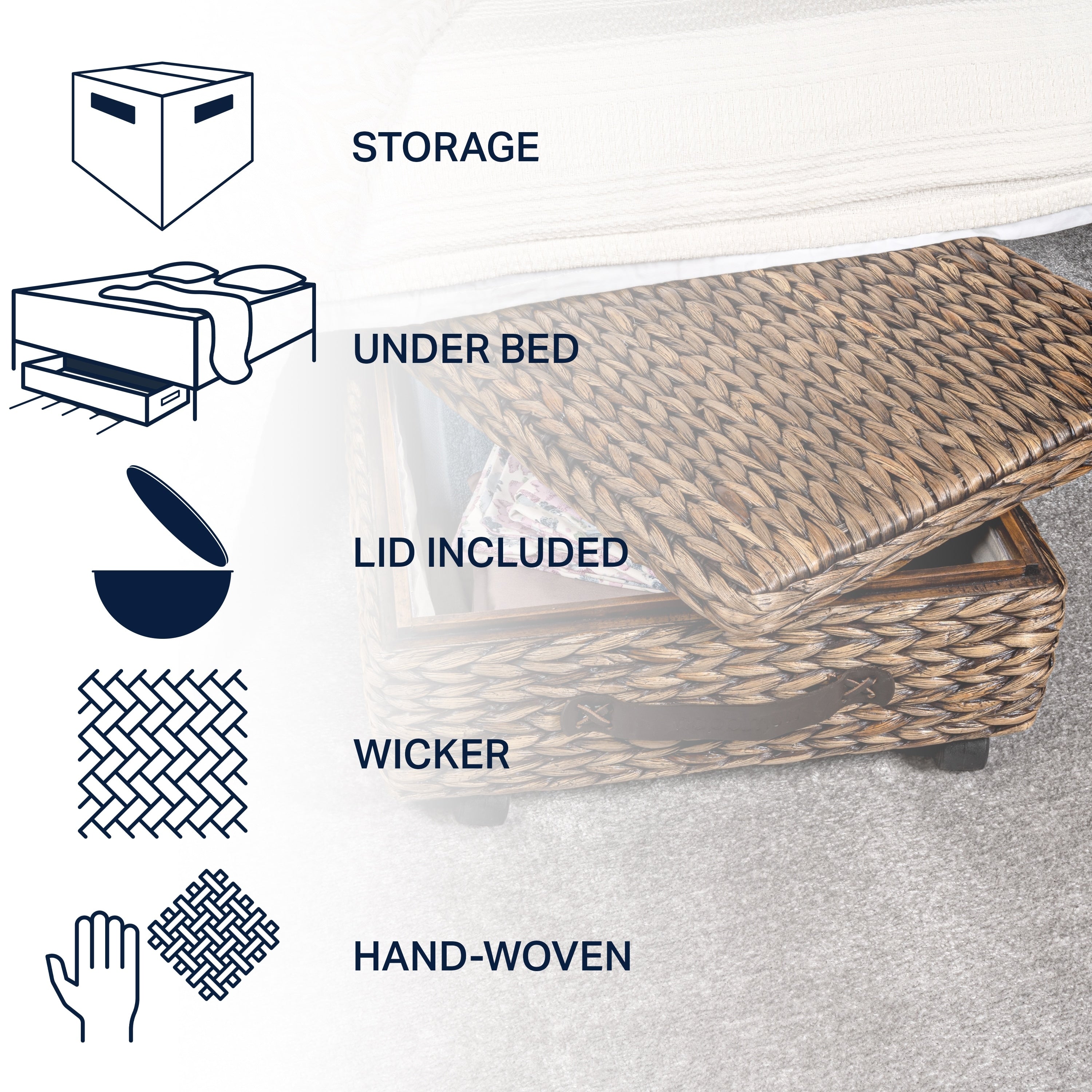 happimess Coffre de rangement sous lit en jonc et bois avec roulettes et poignées