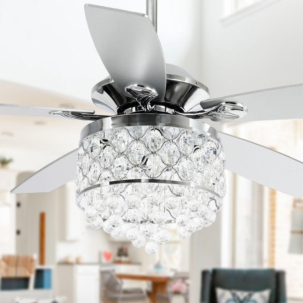 Luminaire à suspension/ventilateur de plafond à 4 lumières en chrome et cristal avec télécommande