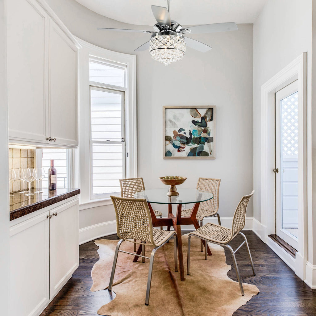 Luminaire à suspension/ventilateur de plafond à 4 lumières en chrome et cristal avec télécommande