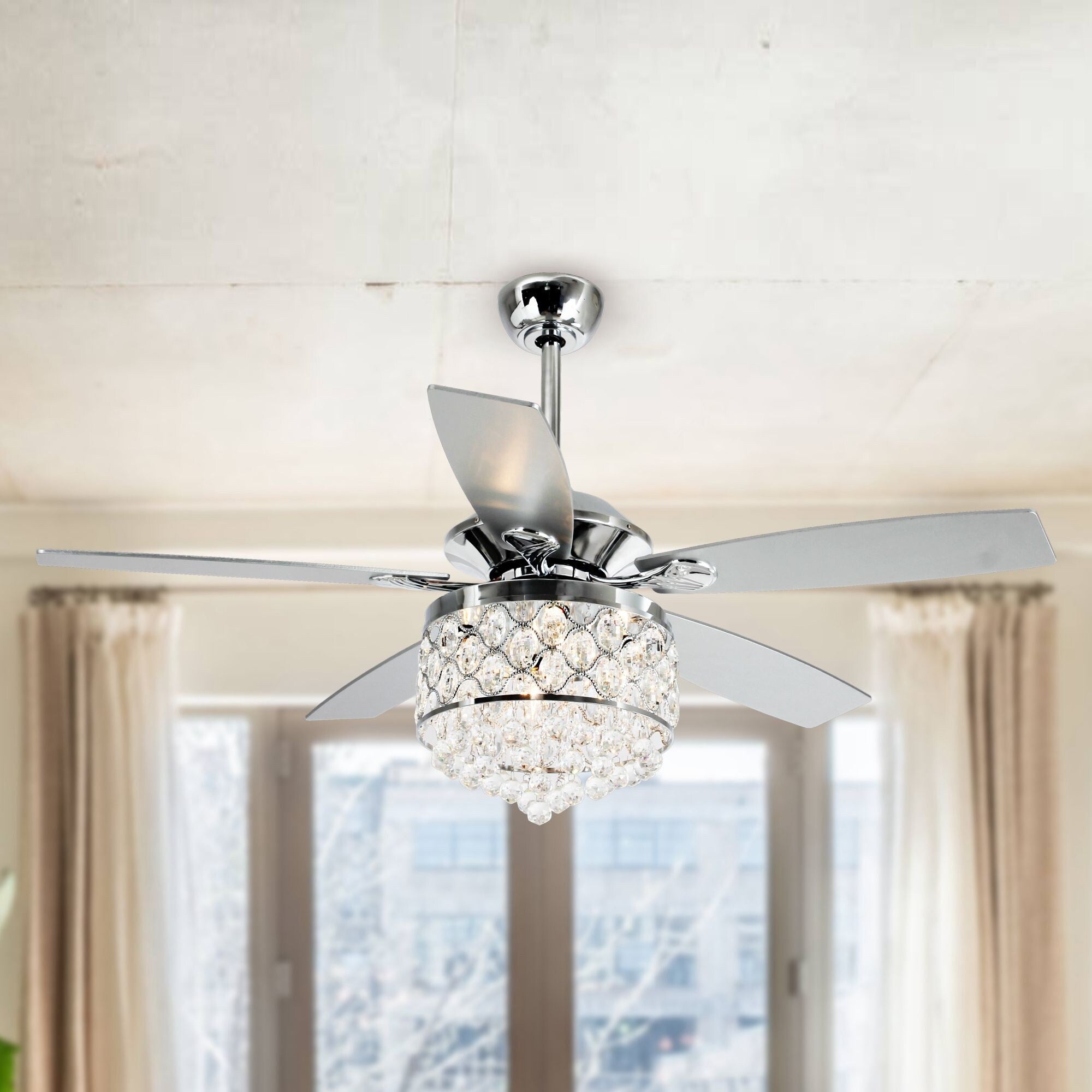 Luminaire à suspension/ventilateur de plafond à 4 lumières en chrome et cristal avec télécommande