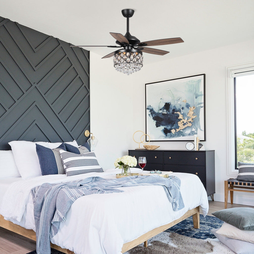 Luminaire à suspension/ventilateur de plafond à 4 lumières en chrome et cristal avec télécommande