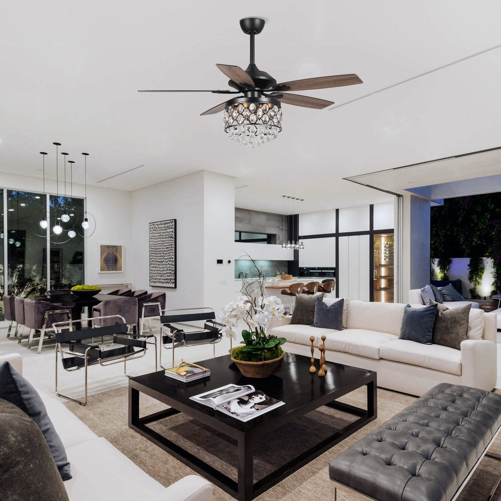 Luminaire à suspension/ventilateur de plafond à 4 lumières en chrome et cristal avec télécommande