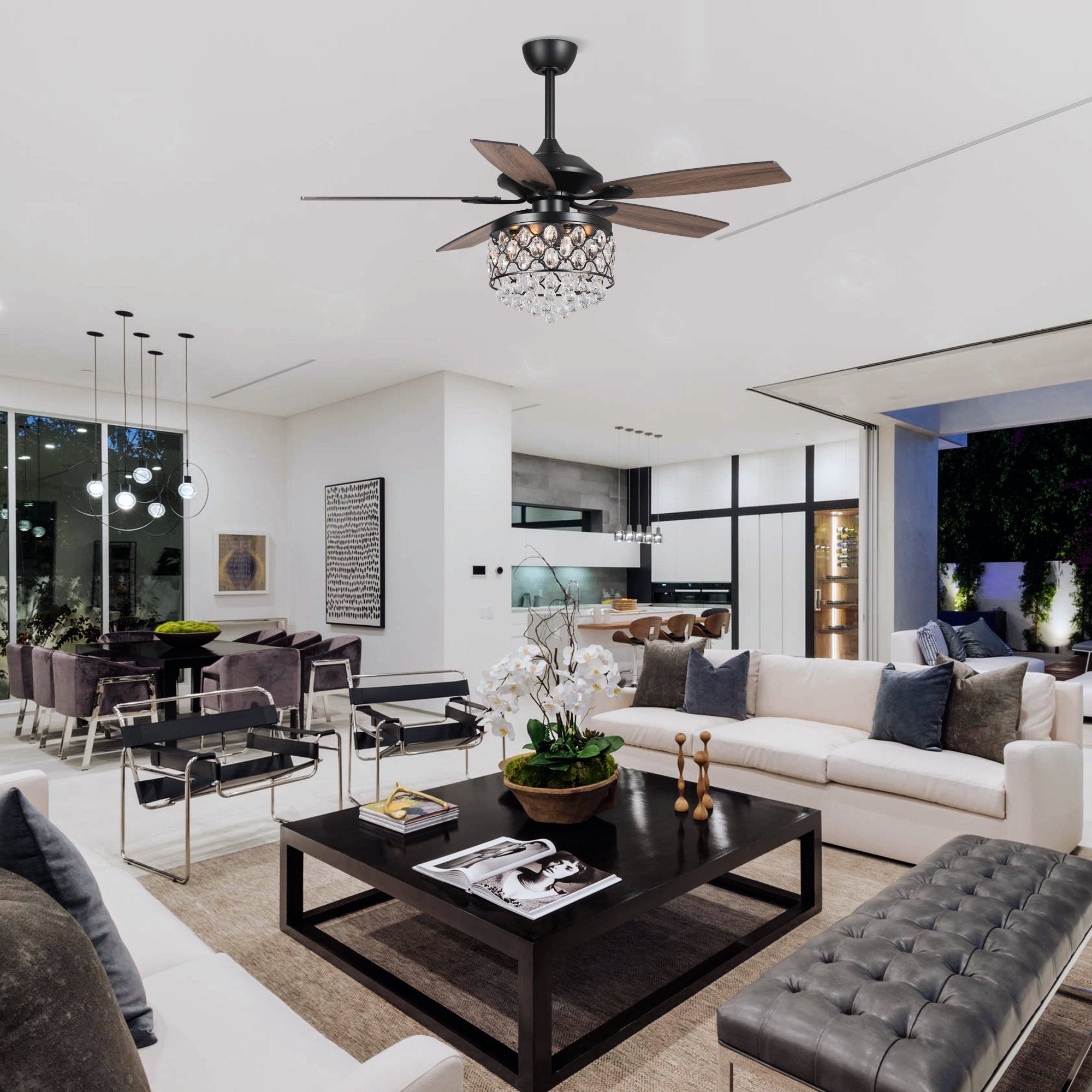 Luminaire à suspension/ventilateur de plafond à 4 lumières en chrome et cristal avec télécommande