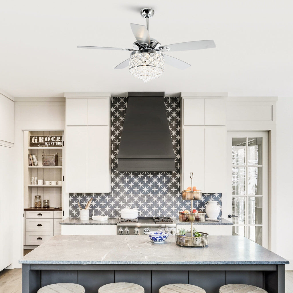 Luminaire à suspension/ventilateur de plafond à 4 lumières en chrome et cristal avec télécommande