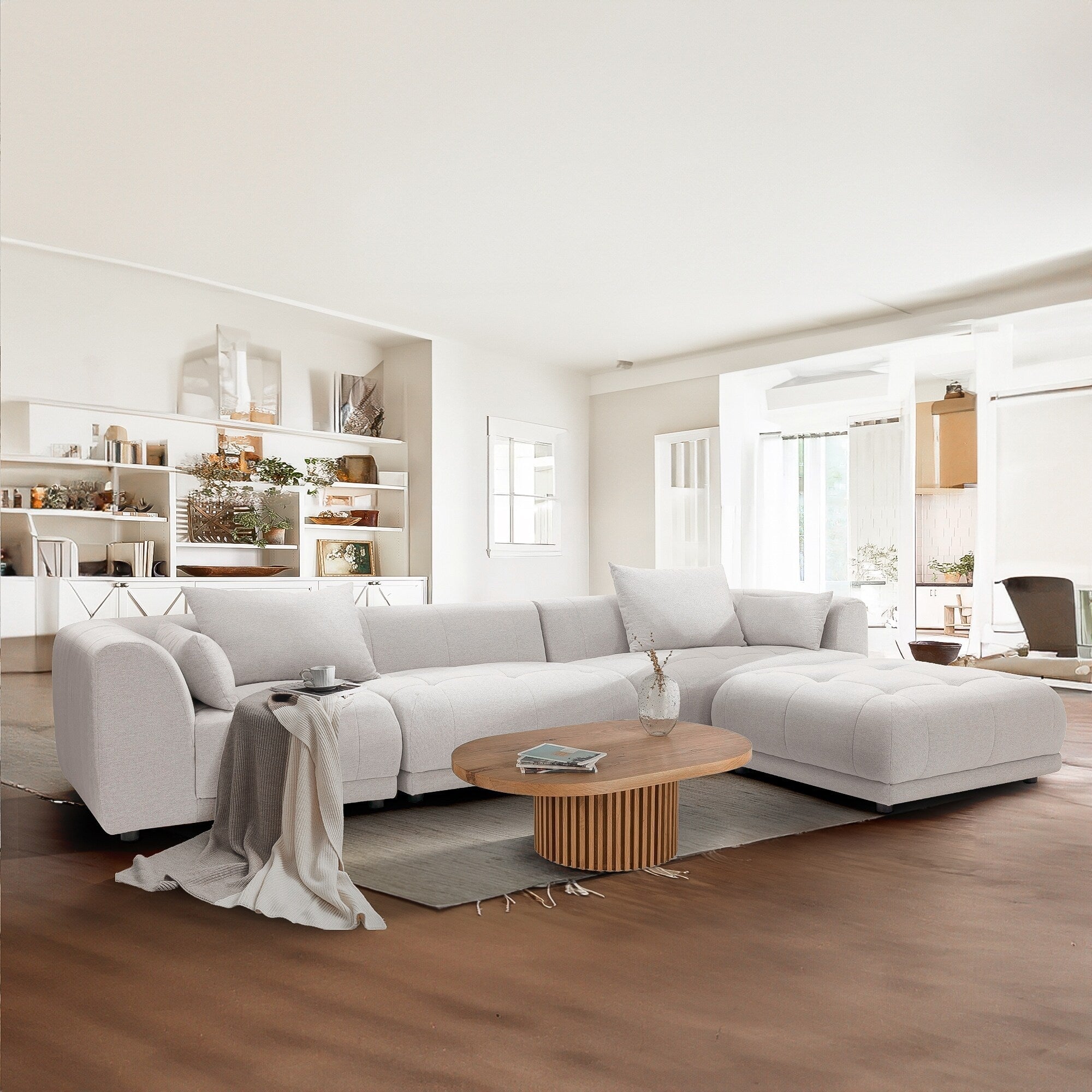 Canapé d'angle modulaire Cloud 144 avec pouf - Canapé de salon en tissu chenille moelleux