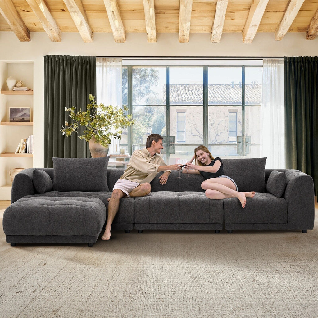 Canapé d'angle modulaire Cloud 144 avec pouf - Canapé de salon en tissu chenille moelleux