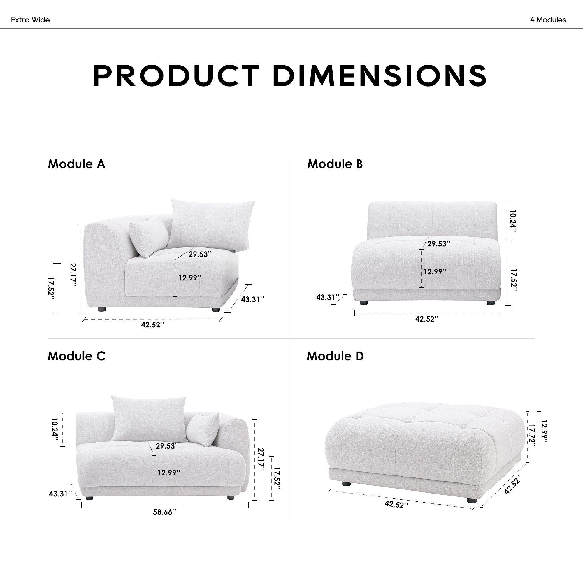 Canapé d'angle modulaire Cloud 144 avec pouf - Canapé de salon en tissu chenille moelleux